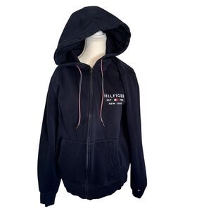 Tommy Hilfiger Women’s Hooded Zip-Up Logo Jacket Size L Deep Navy Blue Unisex
